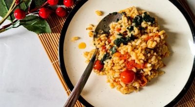 Risoto de tomate confit com pesto