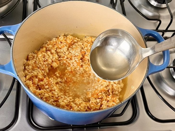 Uma panela contendo vegetais e arroz refogados com caldo de legumes.