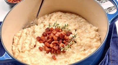 Risoto quatro queijos com bacon