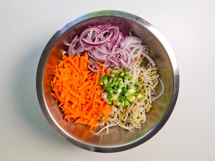 Ingredientes colocados na tigela com moyashi.