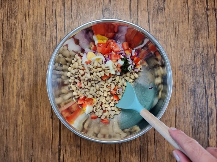 tomate, cebola, ovo cozido, salsa, cebolinha misturados ao feijão