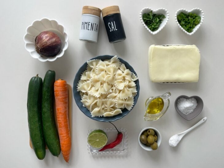 Ingredientes e utensílios dispostos na bancada com o macarrão gravatinha cru, queijo, vegetais inteiros e temperos.