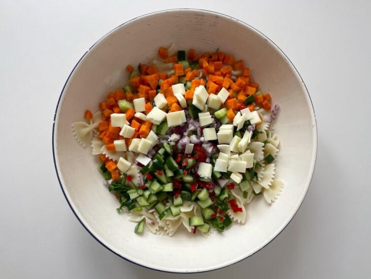 Macarrão e todos os legumes e queijo cortados reunidos dentro de uma tigela de vidro grande.