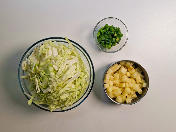 Repolho fatiado, abacaxi em cubos e cebolinha picada prontos para uso.