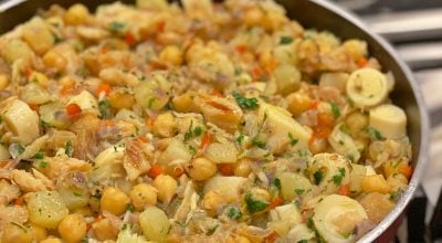 Salada morna de bacalhau com grão-de-bico