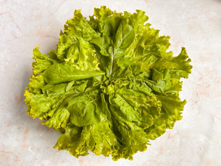 Folhas de rúcula sobre o alface.