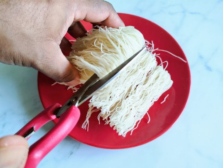 Um prato com macarrão bifum cortado.