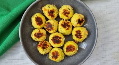 Salgadinho fit de batata-doce com frango e queijo