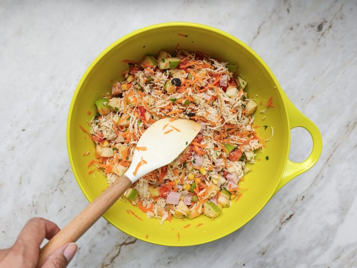 Na tigela, frango com o tomate, cenoura, milho, ervilha, azeitonas, presunto, cebola, maçã, salsinha, cebolinha e a uva-passa.