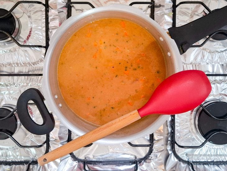 panlea de pressão com todos os ingredientes e água para o cozimento.