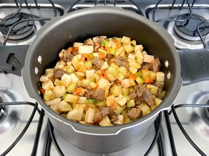 Panela cheia de legumes e carne.