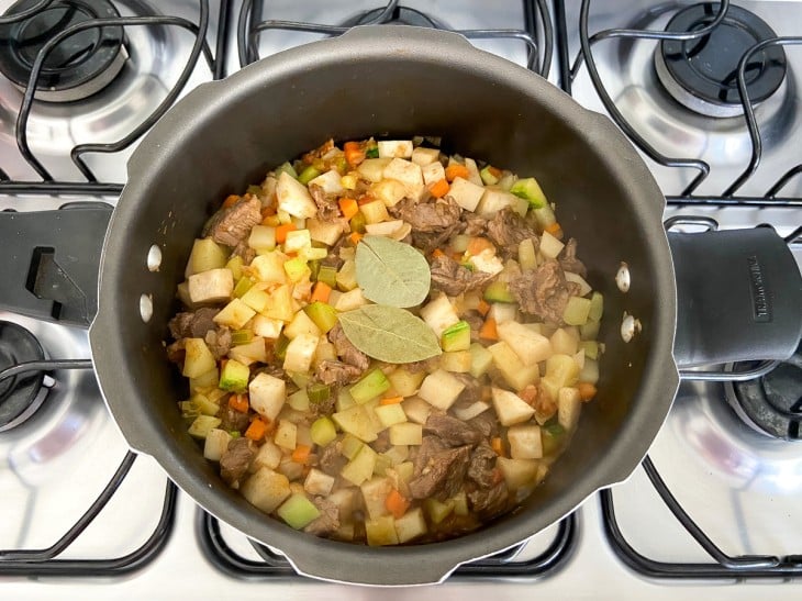 Panela com carne, legumes e folha de louro.