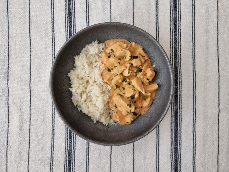 Prato escuro metade com strogonoff e metade com arroz.