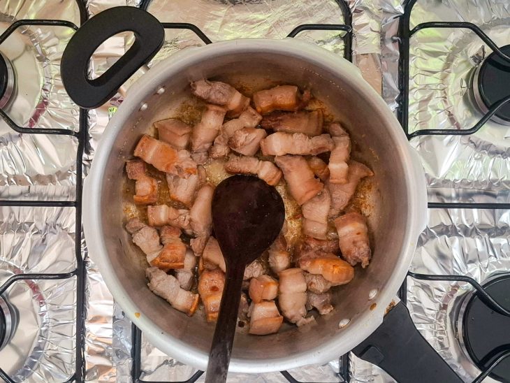 Panela aberta com uma colher de plástico apoiada.