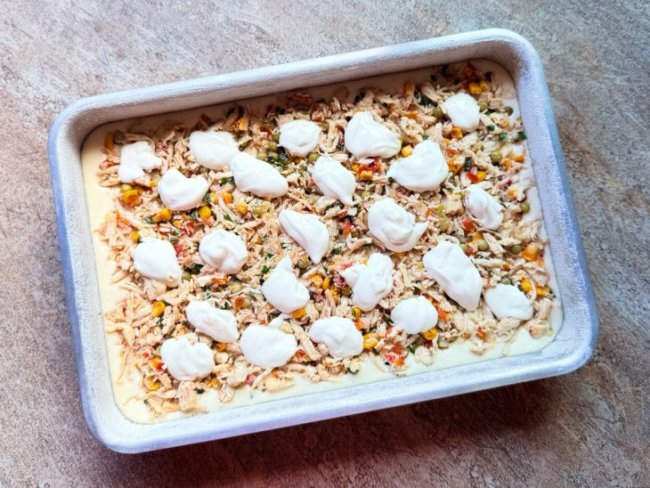 Frango e requeijão adicionados por cima da massa.