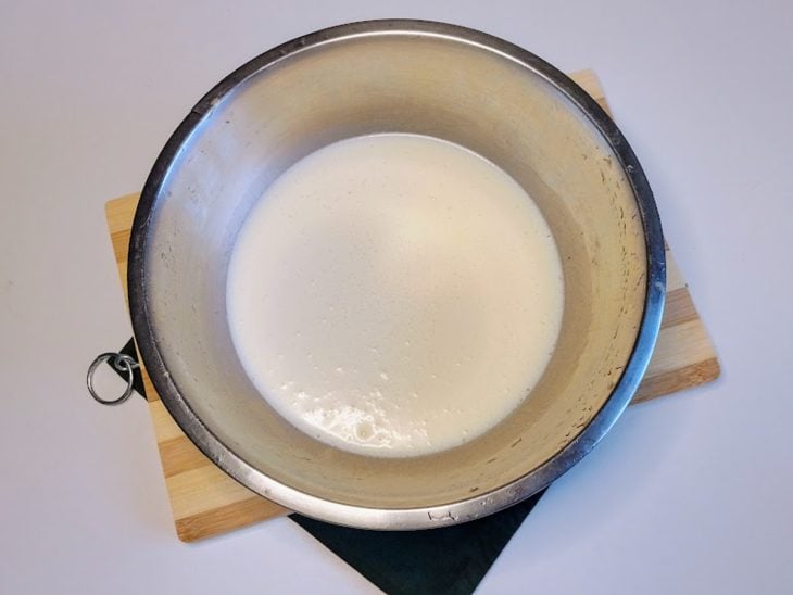 Um recipiente com suco de umbus, leite, leite condensado e leite em pó misturados.